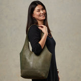 Soft Olive Leather Slouch Bag with Model
