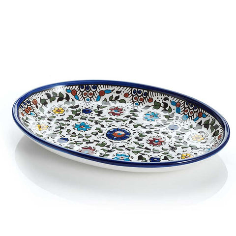 Hand Painted Floral Design Oval Tray Blue - Handcrafted and Fair Trade
