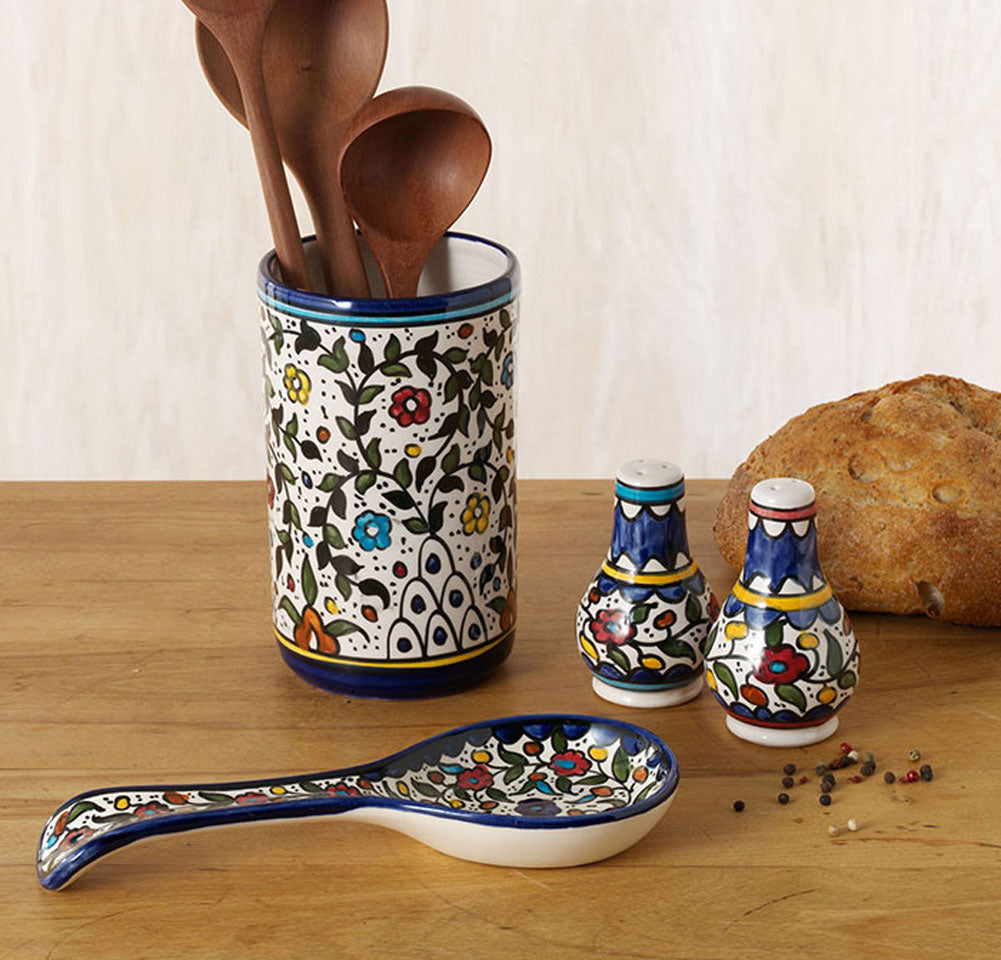 Hand-painted Utensil Holder With Matching Mini Salt and Pepper