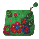 Flower Embroidered Felt Coin Purse Green