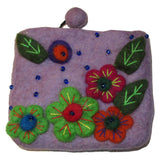 Flower Embroidered Felt Coin Purse Lilac