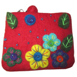 Flower Embroidered Felt Coin Purse Red