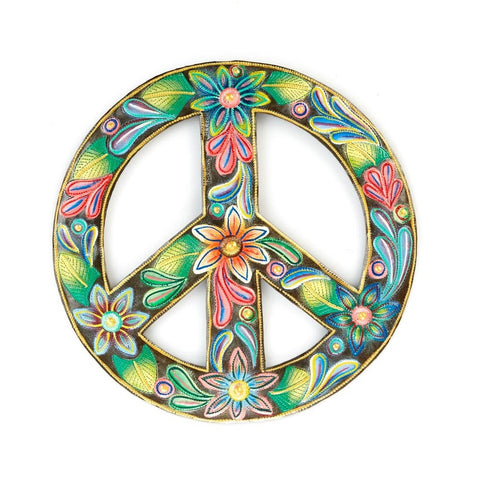 Peace and Love hanging art, in the shape of a peace sign with colorful floral motif, handcrafted and hand painted metal wall art for home or garden.