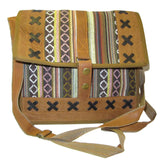 Rectangular Cotton & Leather Bag Snap Closure Brown