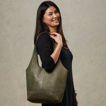 Soft Olive Leather Slouch Bag with Model