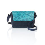 Leather and Cotton Crossbody Bag - Deep Blue and Turquoise