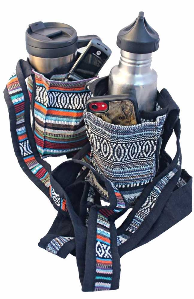 crossbody travel bag with water bottle holder Cotton Water Bottle Holder with Cell Phone Pocket – Taraluna