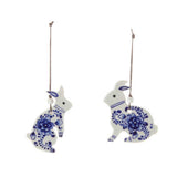 Indigo Floral Bunny Ornaments - Set of 2