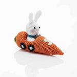 Crocheted Racer Bunny in Carrot Car
