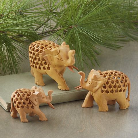 Double-Carved Wood Elephant Family - Set of 3
