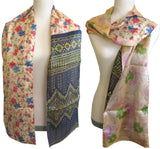 Double Sided Silk Sari Fashion Scarf - floral pastel navy