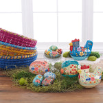 Big Blue Chicken box Decorates Easter Table with Eggs and  Bunny Boxes