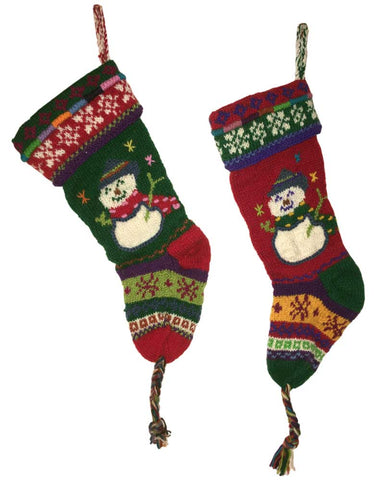 Handknit Christmas Stocking - Snowman in Red or Green