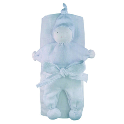 Soft Organic Cotton Swaddle Blanket and Teething Toy Gift Set Blue