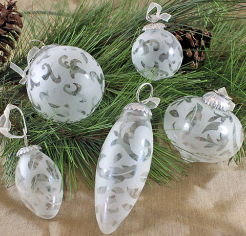 Pretty Etched Glass Ornament Set