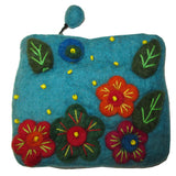 Flower Embroidered Felt Coin Purse Turquoise