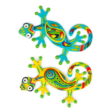 Dos Geckos - Whimsical Fair Trade Art for Home or Garden.  Fair Trade art made from metal and brightly painted. Set of 2.