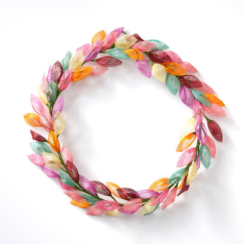 Colorful Woven Leaf Wreath - Spring and Summer Decor.  Colorful abaca leaves frame this pretty wreath, perfect for indoor or outdoor display.
