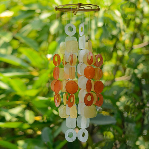 Fair Trade Capiz Wind Chime - medium saffron spice.  Orange, yellow and white shells make a beautiful tinkling sound and look lovely.