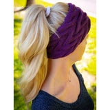 Fleece Lined Cable Knit Ear Warmer - Purple with Model