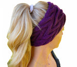 Fleece Lined Cable Knit Ear Warmer - Model wearing purple with white background