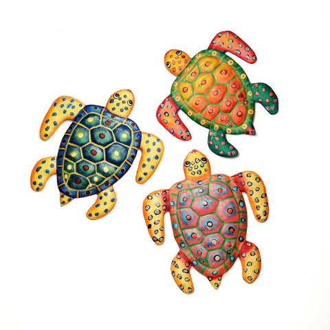 Trio of Sea Turtles - Handcrafted Metal Art for Garden or Home.  Handcrafted, colorful sea turtles set of 3.  Fair Trade.