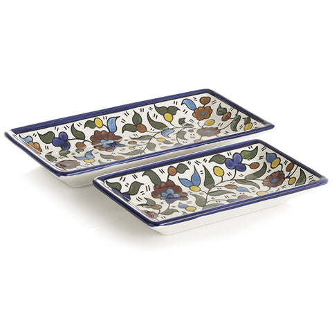 Hand Painted Floral Design Set of 2 Appetizer Trays